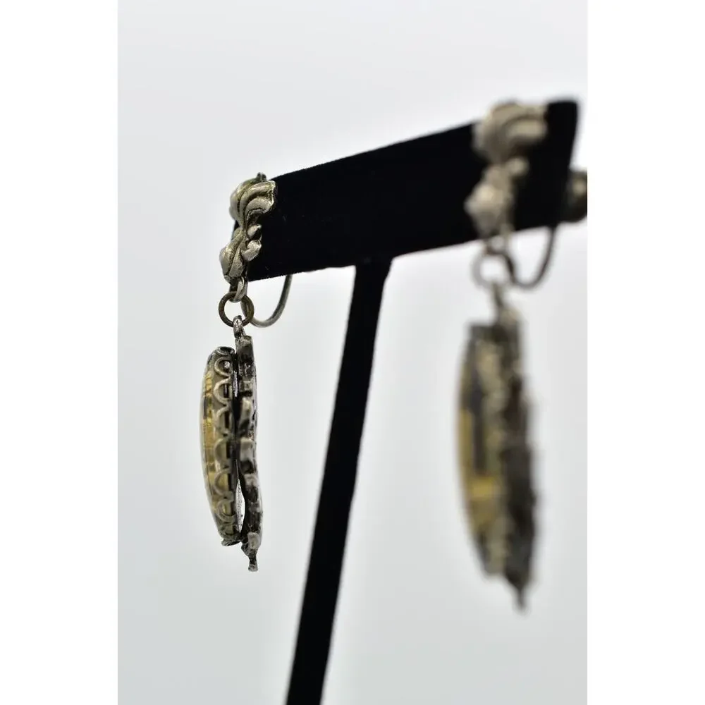 Vintage Buddha Screw Back Earrings Antiqued Silver Glass Gold Dangle 1930s BinBK